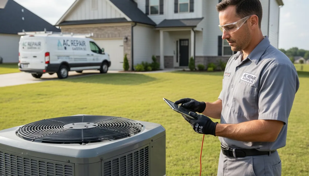 Professional AC repair technician servicing air conditioner in Columbia SC home