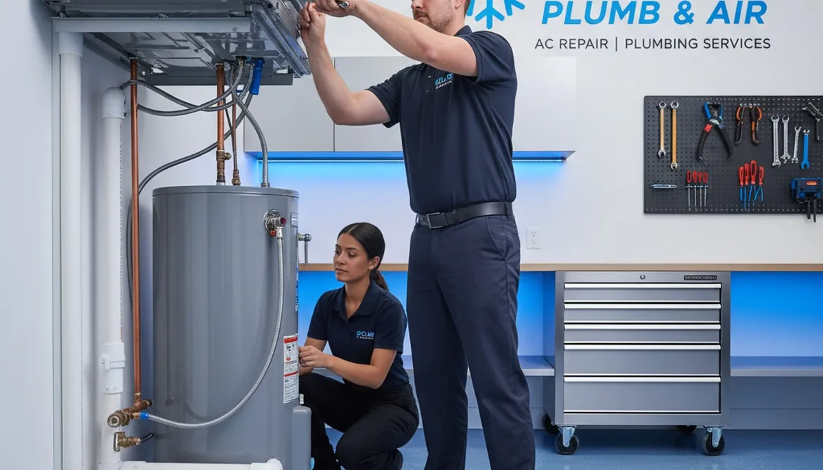 Professional plumber fixing water heater leak in Columbia, SC home for Five Star Cooling