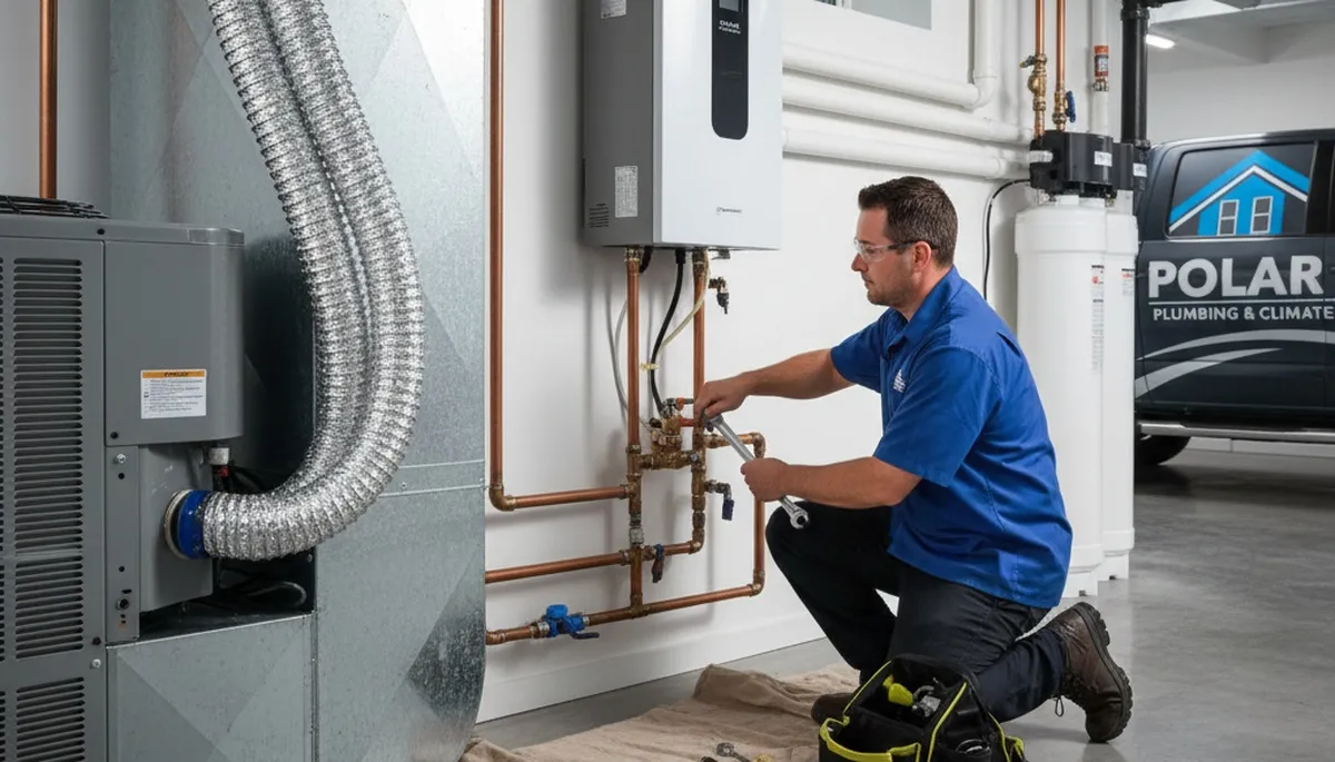 Professional plumber fixing water heater in Columbia, SC for Five Star Cooling plumbing services